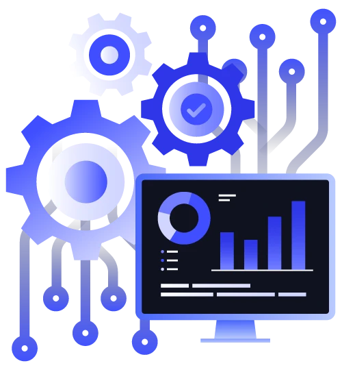 Az AI operatív integrációját szimbolizáló grafika: a technológiai automatizáció (fogaskerekek) és a valós idejű adatvezérelt döntéshozatal (monitor) egységét mutatja be.