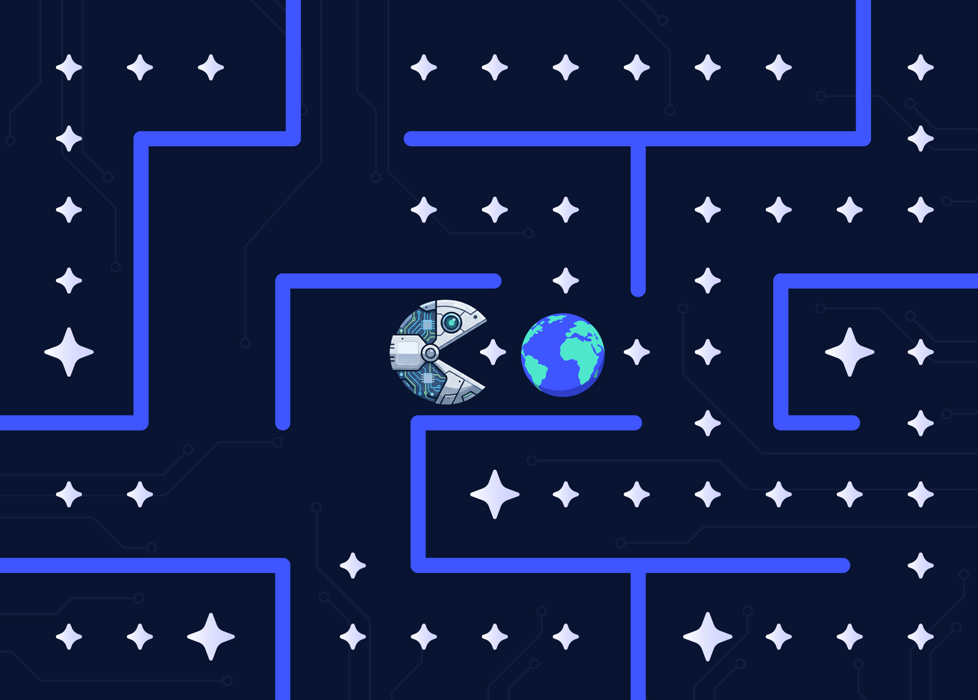 Retro Pac-Man stílusú játékos illusztráció, ahol a sárga figurát egy barátságosabb, áramkörökkel és AI felirattal ellátott, semleges robotfej helyettesíti, ami éppen bekapni készül a kék Föld bolygót egy sötétkék labirintusban – az AI-szorongás és a Földet felemésztő mesterséges intelligencia témáját ábrázolva.