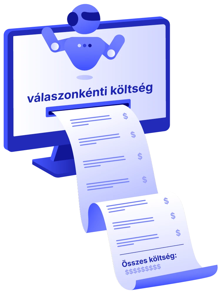 Számítógép képernyőjéből kiadott hosszú nyugta és AI robot, ami az AI működtetésének és használatának költségeit ábrázolja.