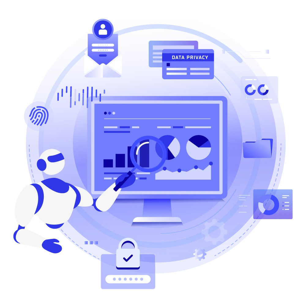 AI robot egy CRM-szerű adatfelületet vizsgál, körülötte adatvédelmi és kiberbiztonsági ikonokkal (lakat, ujjlenyomat, jelszó). Az illusztráció az AI adatbázis-hozzáféréséből adódó biztonsági sebezhetőségeket szemlélteti.