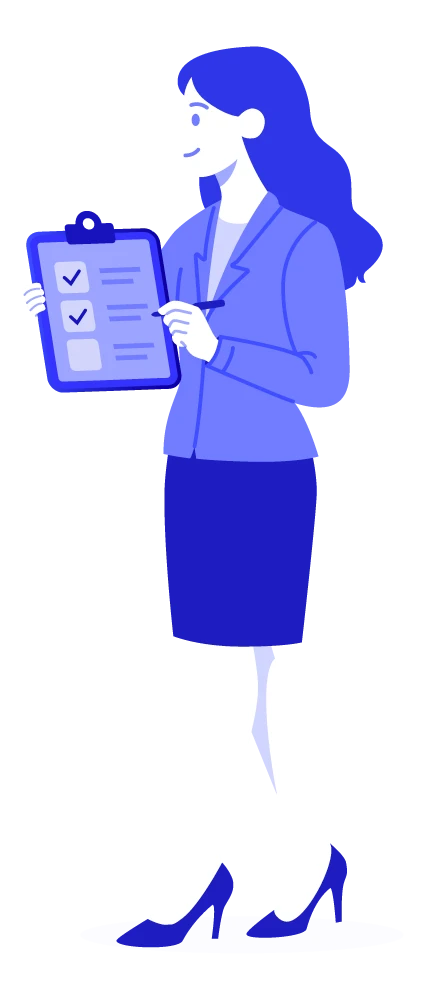 Egy nő egy checklistát tartva a kezében leltárt készít, hogy milyen lépésekből áll a vezetői checklist az AI bevezetésekor.