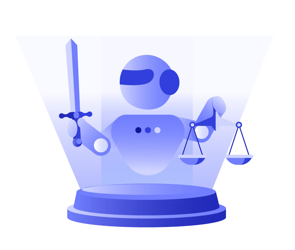 A robot a k&eacute;pen az egyik kez&eacute;ben kardot a m&aacute;sik kez&eacute;ben egy m&eacute;rleget tart