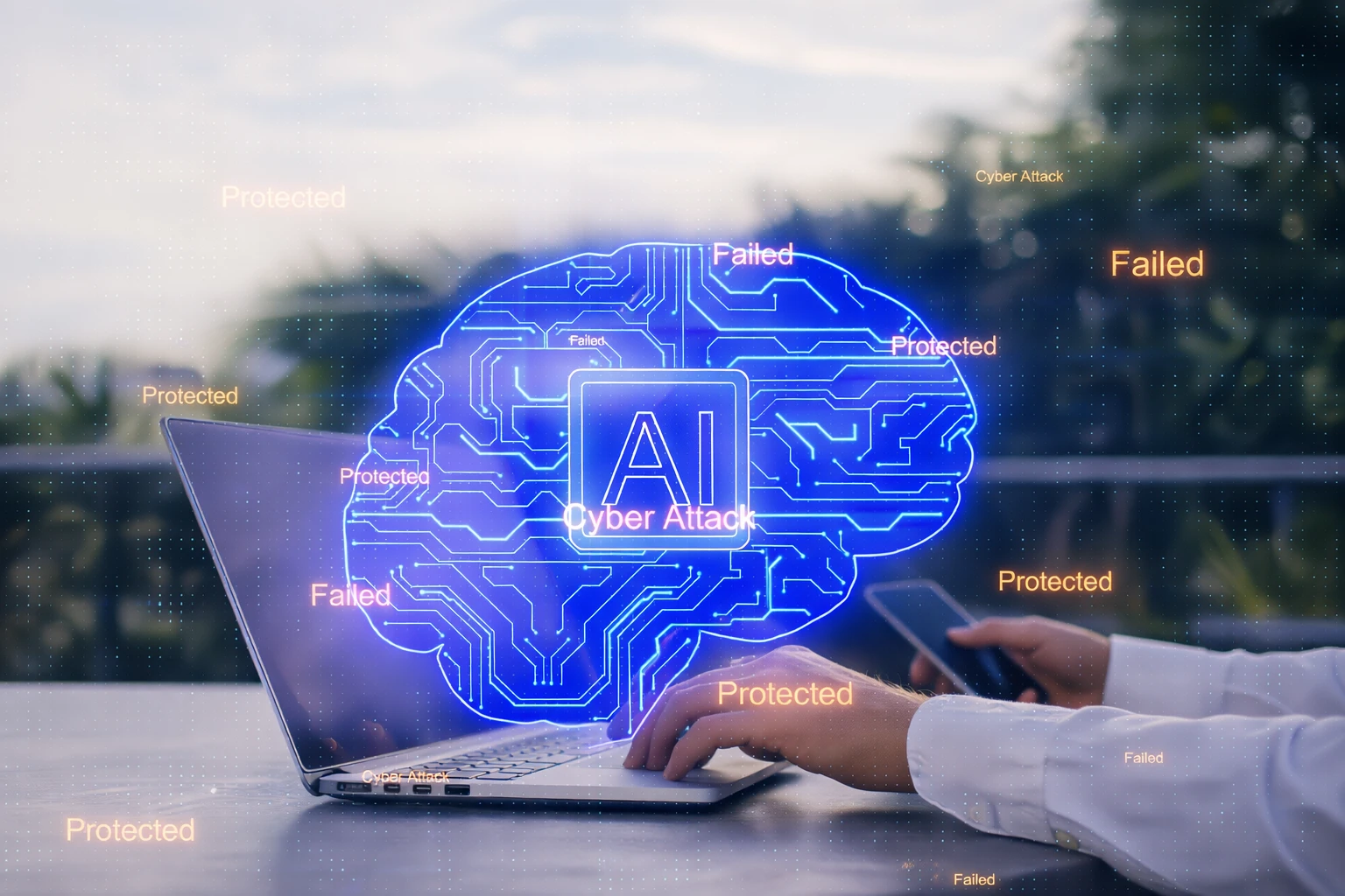 Egy digitális agy hologram, 'AI' és 'Cyber Attack' feliratokkal, egy laptop felett. A kép a mesterséges intelligencia (AI) kiberbiztonságának fontosságát illusztrálja a 'Protected' és 'Failed' státuszjelzésekkel.